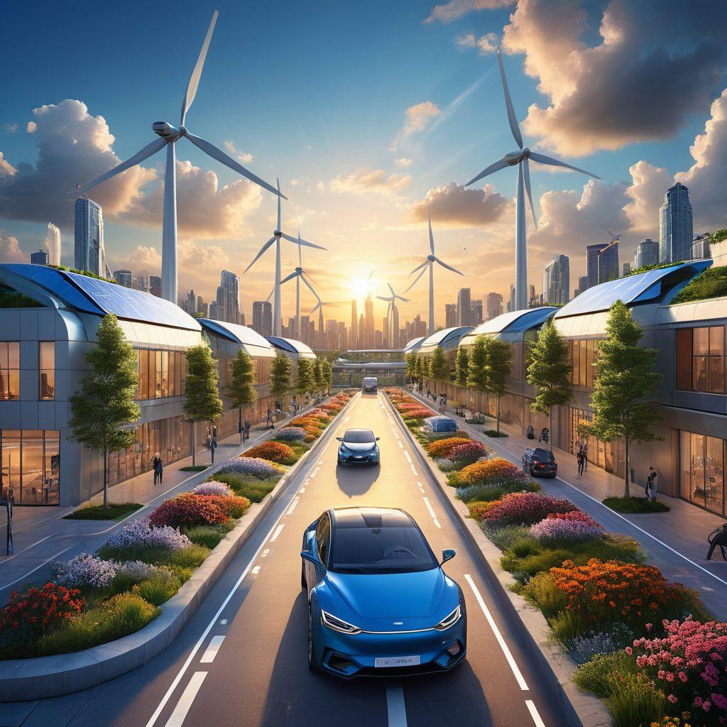A futuristic city skyline, showcasing solar panels, wind turbines, and green rooftops integrated within sleek modern architecture. Illuminated pathways filled with lush greenery and vibrant flowers, emphasizing harmony between technology and nature. A blue sky with fluffy clouds filled with flying electric vehicles, symbolizing clean energy. Bright sunlight casts a warm glow over the scene. super-realistic. vibrant colors. 3D.