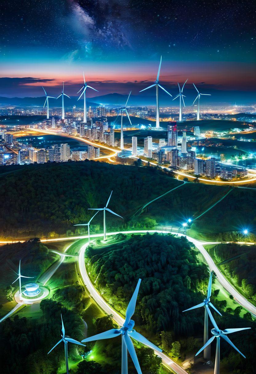 A serene cosmic landscape showcasing the vibrant colors of distant galaxies and stars converging into a green Earth filled with renewable energy solutions like wind turbines and solar panels. Include a futuristic city skyline in the background, illuminated by a glowing energy source from above, symbolizing innovation and sustainability. Blend cosmic elements with nature to represent harmony. ultra-realistic. vibrant colors. 3D.