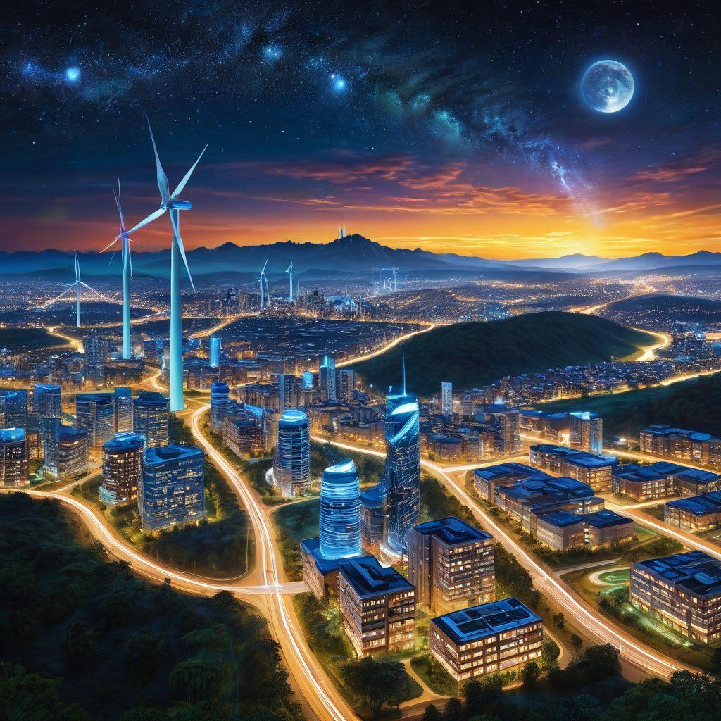 A cosmic scene showcasing a starry night sky with interconnected constellations resembling electrical circuits, transitioning into a futuristic cityscape with glowing buildings powered efficiently by clean energy. Visual elements like solar panels and wind turbines integrated into the landscape, illustrating the blend of nature and technology. A vibrant color palette with blues, yellows, and greens to represent innovation and sustainability. super-realistic. vibrant colors. digital art.